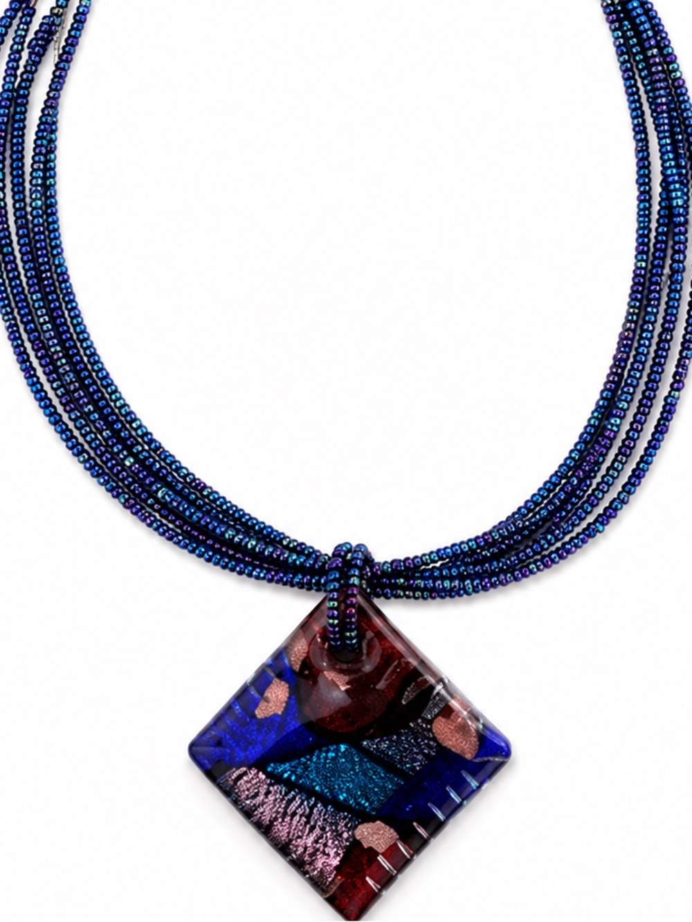 Handcrafted Blue Multi-Strand Beaded Necklace with Glass Pendant